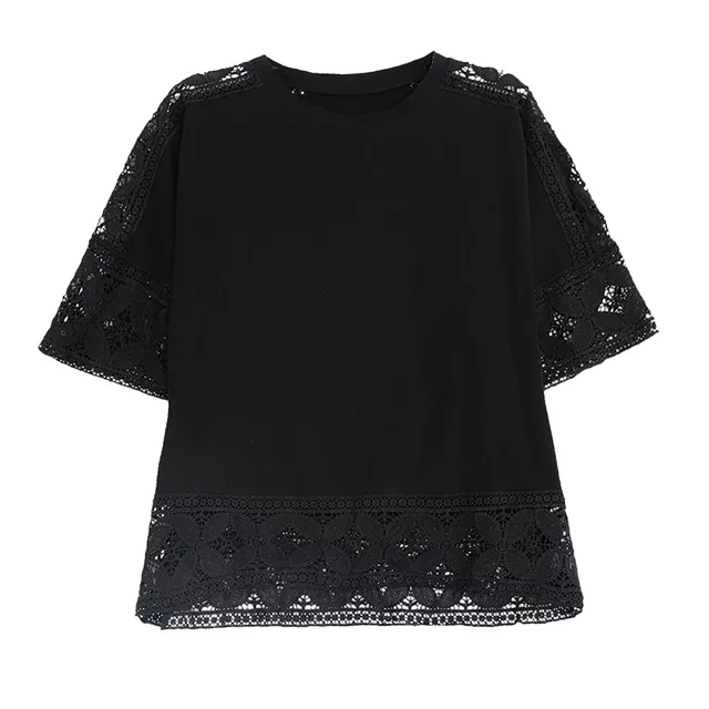Round Neck Five Quarter Sleeve Shirts Knitted Summer New Hollow Lace Patchwork Breathable Woman Solid Color Fasion Versatile Tee - Image 4