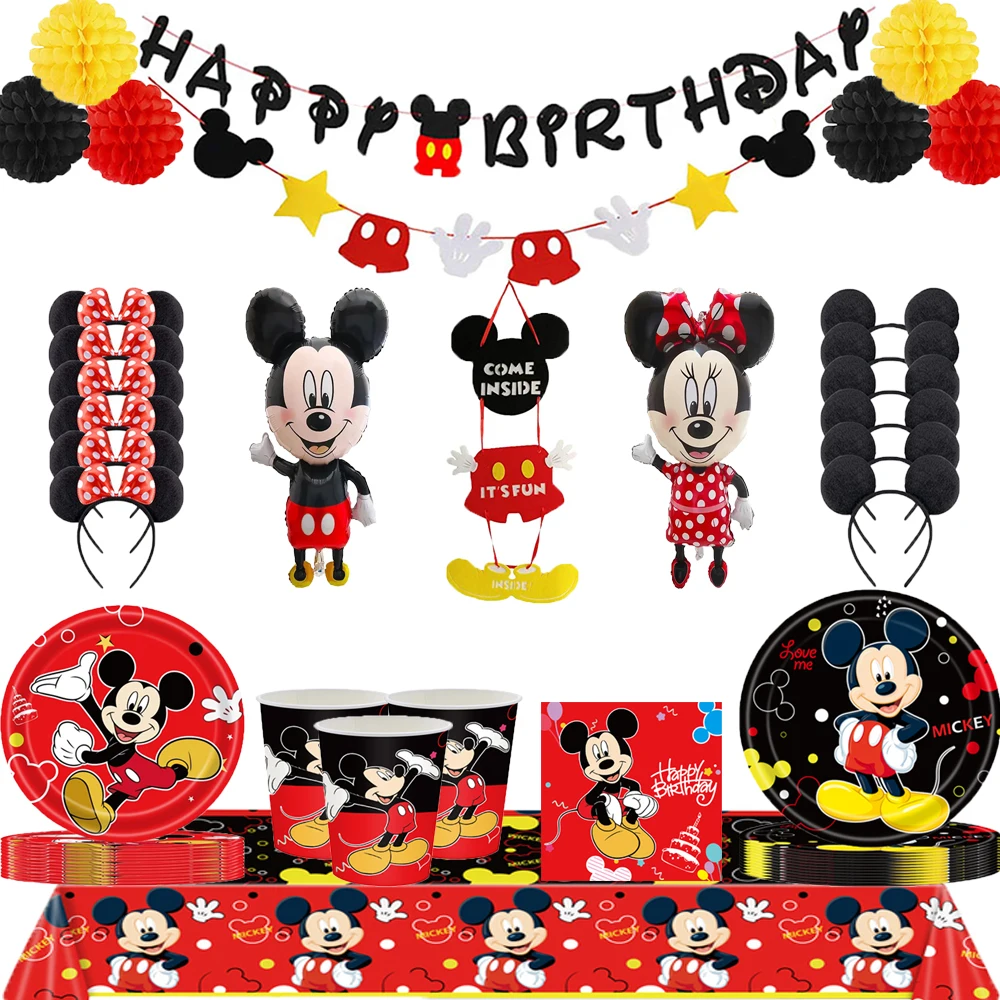 

New Mickey Mouse Theme Party Banner Party 10People Disposable Plate Napkin Cup Cake Toppers for Kids Favor Flag Decoration Gifts