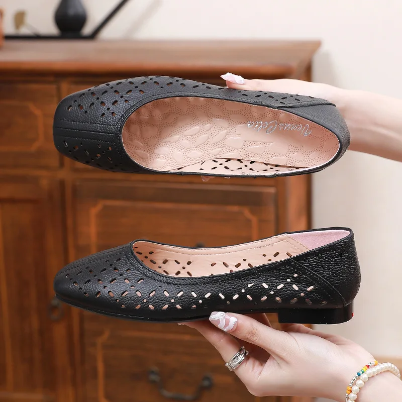 High Quality Genuine Leather Women's Fashion Summer Sandals Soft Bottom Beach Hollow Casual Shoes Breathable Ladies Flat Shoes
