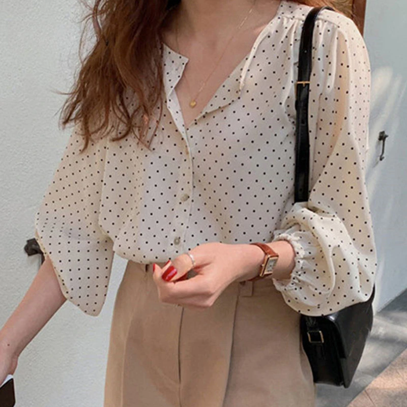 2024 New Summer Women's Shirt Dot Print Elegant Blouses Long Sleeve Casual Oversize Tops Korean Style Female Shirt