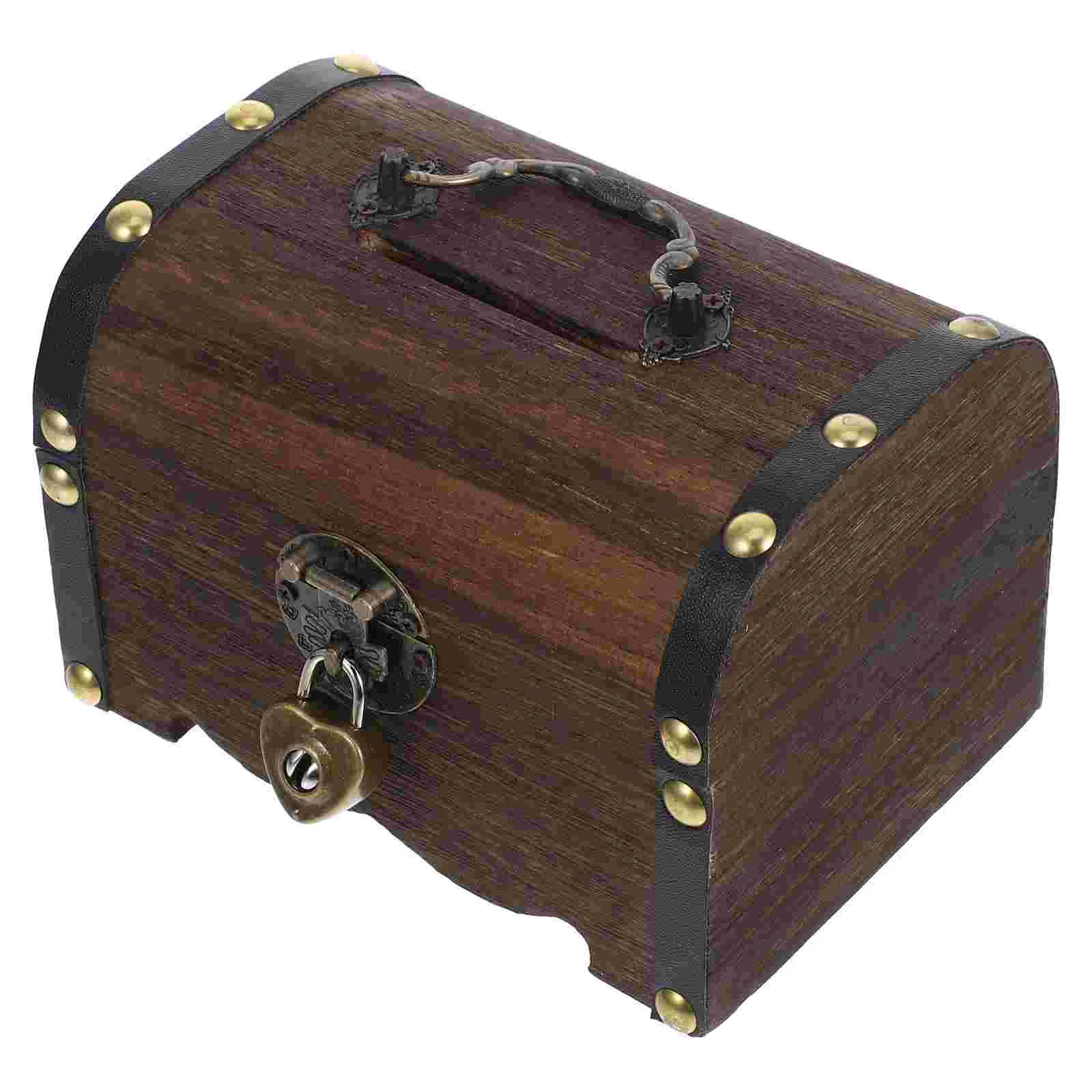 Treasure Chest Piggy Bank with Key Lock Wedding Coin Wooden Savings Dark Brown Child 5