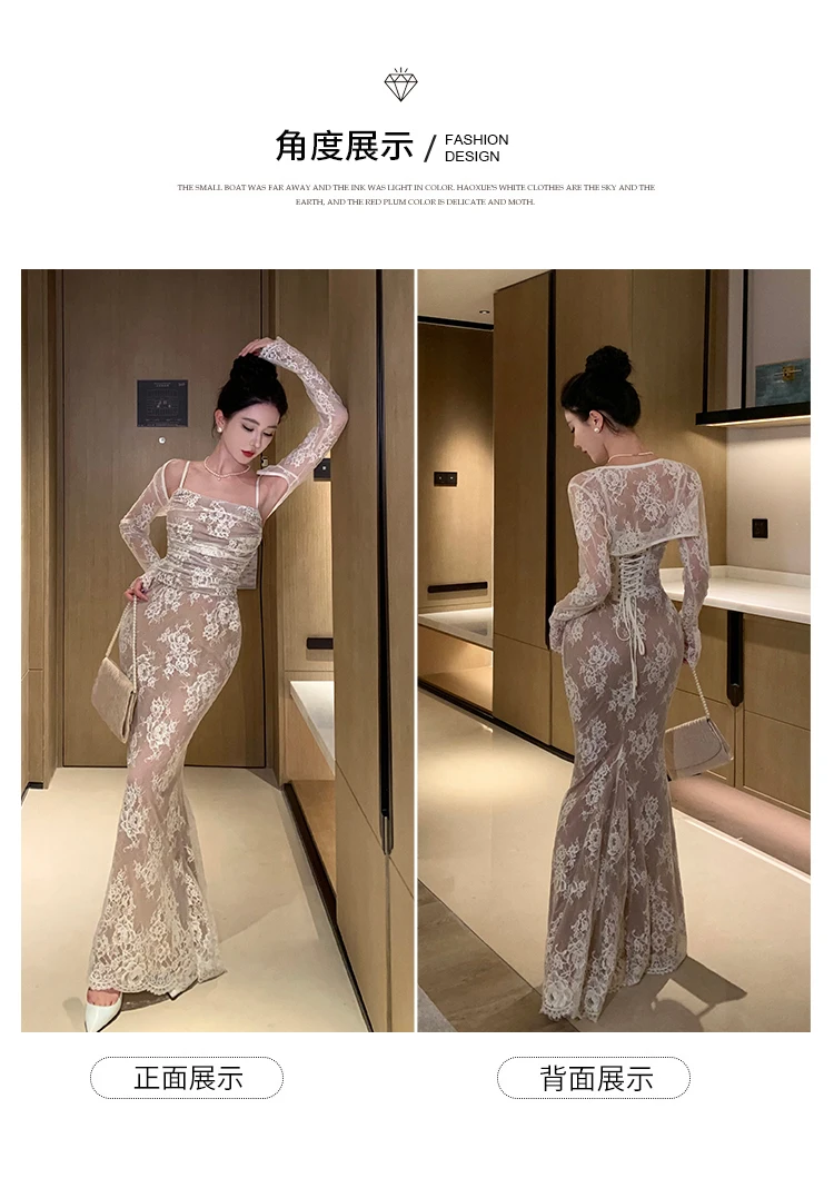 Sexy Bodycon Lace Long Dresses for Women Wedding Party Dress Spaghetti Strap with Smock French Vintage Evening Maxi Vestidos New