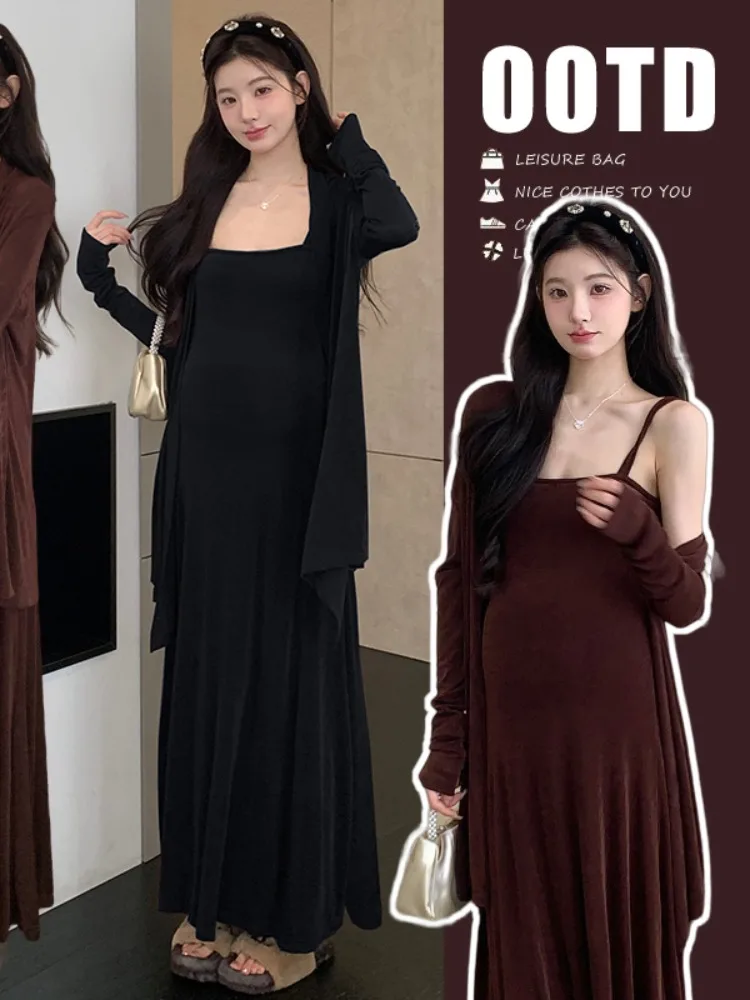 임산부용 봄 여름 의상 세트, 신축성 좋은 투피스 세트(스트랩 드레스와 오픈 가디건 포함)