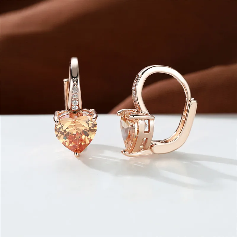 Crystal Female Green Purple Zircon Stone Clip Earrings Vintage Gold Color Love Heart Wedding Jewelry For Women