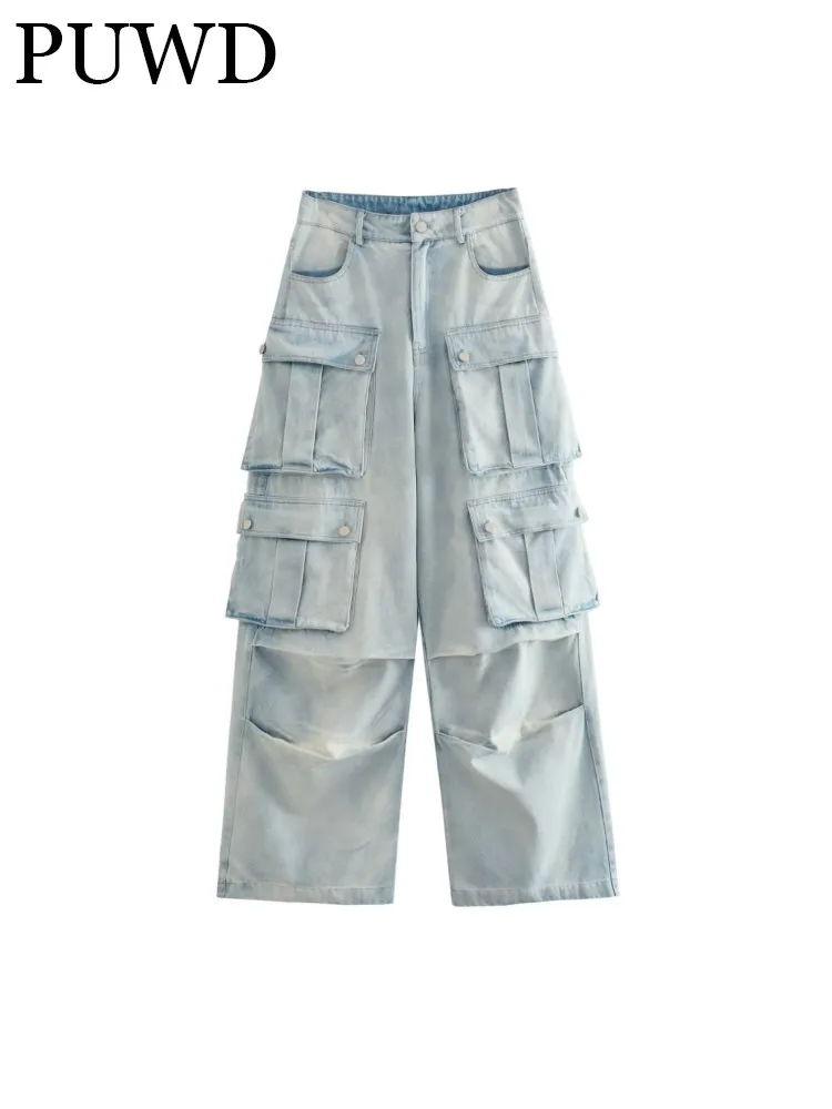

PUWD Women Fashion Blue Wide Denim Fabric Trousers 2023 Summer Vintage High Street Pockets Solid Color Female Chic Bottoms