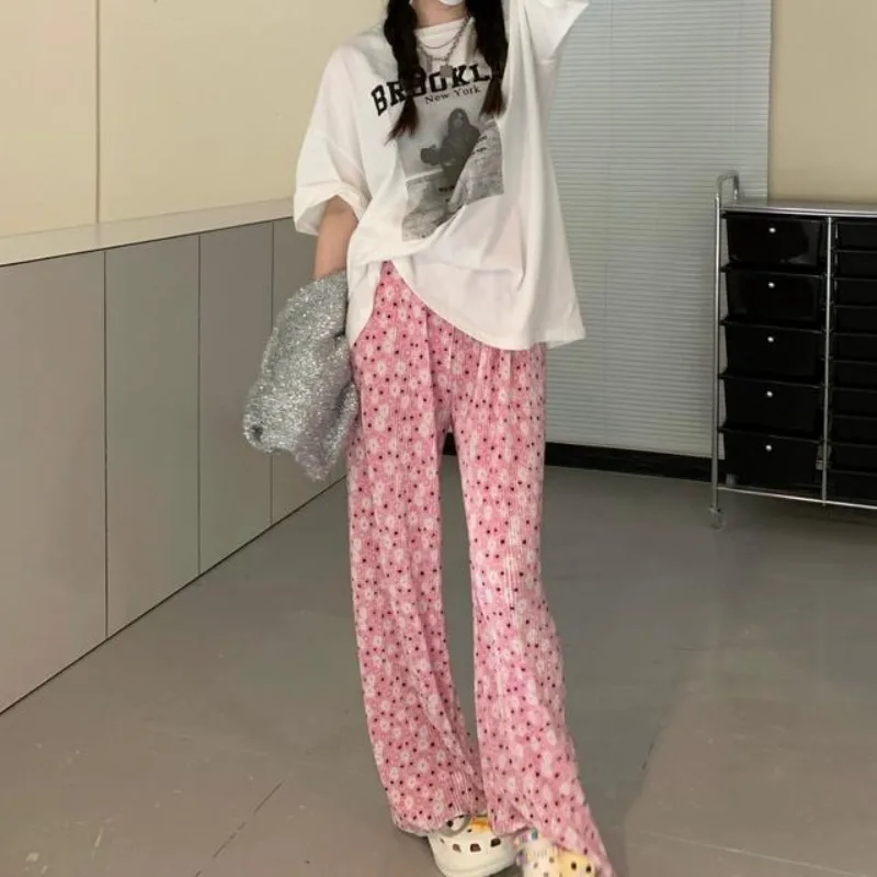 2024 Women's Summer New Korean Commute Elasticized High-waisted Printed Polka Dot Tie Dye Straight Sweet Casual Wide Leg Pants