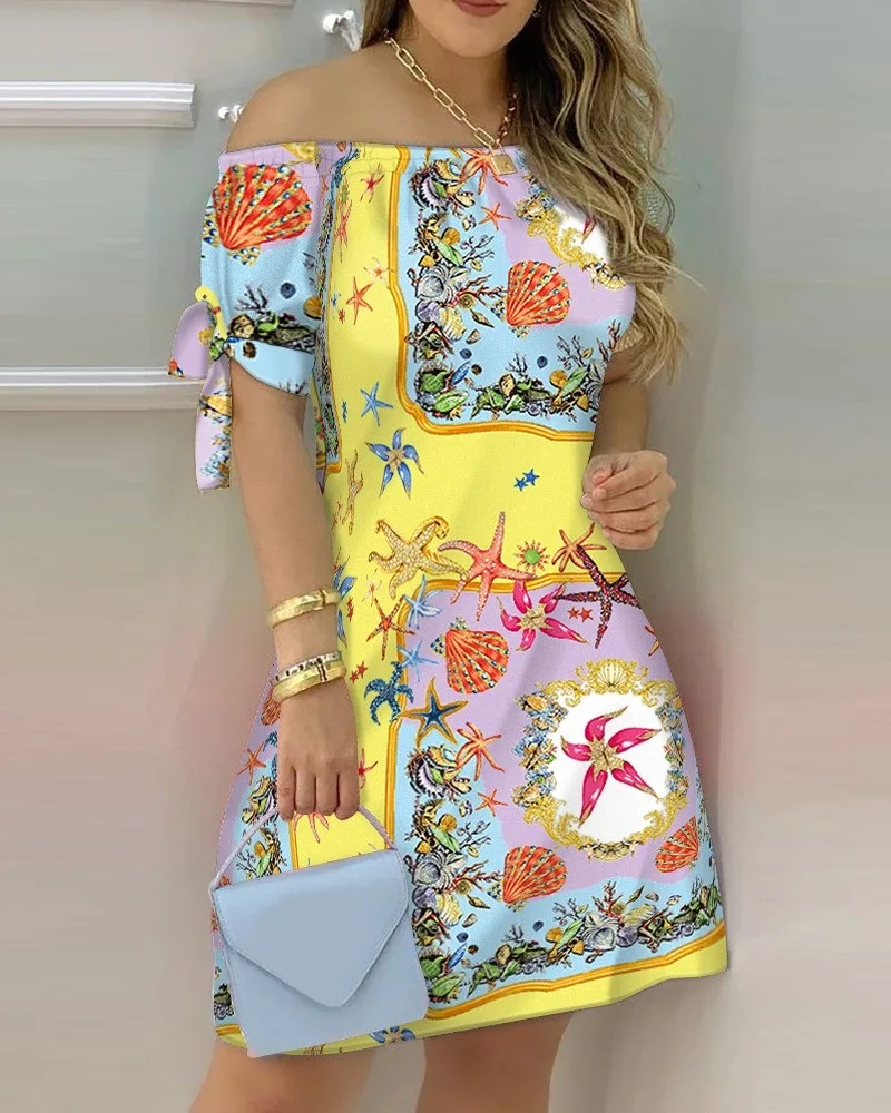 Vestido Estampado Sexy A La Moda Para Mujer, Vestido Acampanado De Manga Corta Con Hombros Descubiertos, Minivestidos Con Hombros Descubiertos Para Mujer - details 30