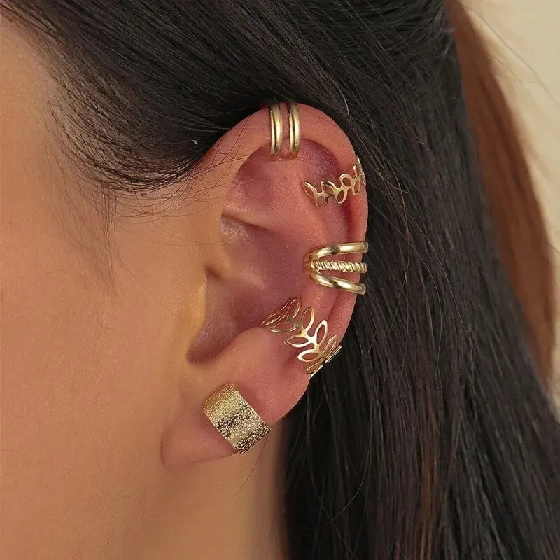 Silver Color Leaves Clip Earrings for Women Men Creative Simple C Ear Cuff Non-Piercing Ear Clip Set Trend Jewelry Gift 5pcs clip earrings