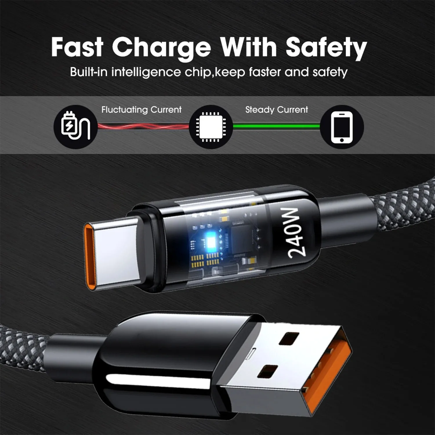 240W PD USB A to 타입 C 고속 충전 데이터 케이블 USB 타입 C 투명 데이터 라인 안드로이드 USB C 0.25/1/1.5/2m 퀵 차지 코드