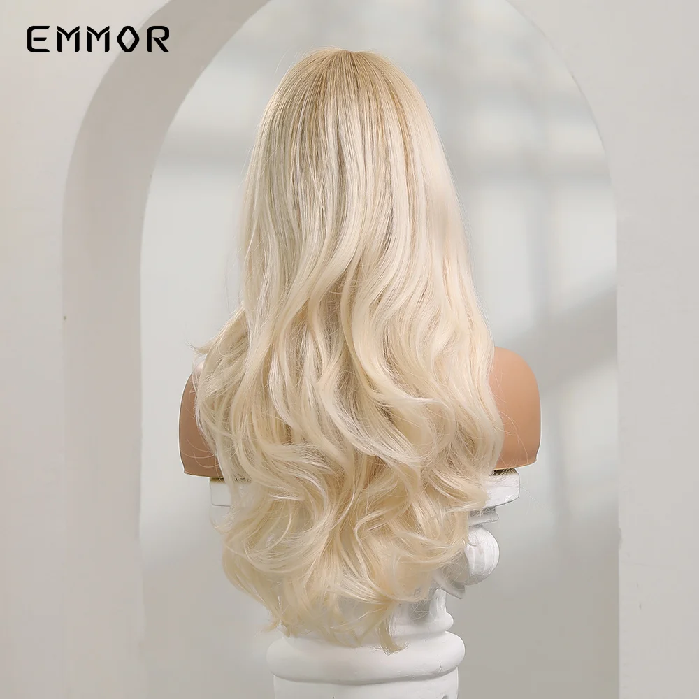 Emmor Synthetische Ombre Blonde Platina Pruiken Lange Golvende Pruik Voor Vrouwen Met Pony Party Dagelijks Hittebestendige Fibre Hair Pruiken