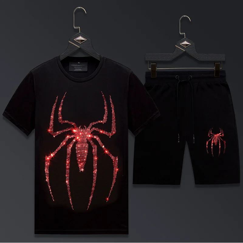 

2023 Men Clothing Sportswear Spider Rhinestones Summer Suit Fitness Mens Track Suit Set 2 Pieces Casual Jogger Set Plus Size 6XL