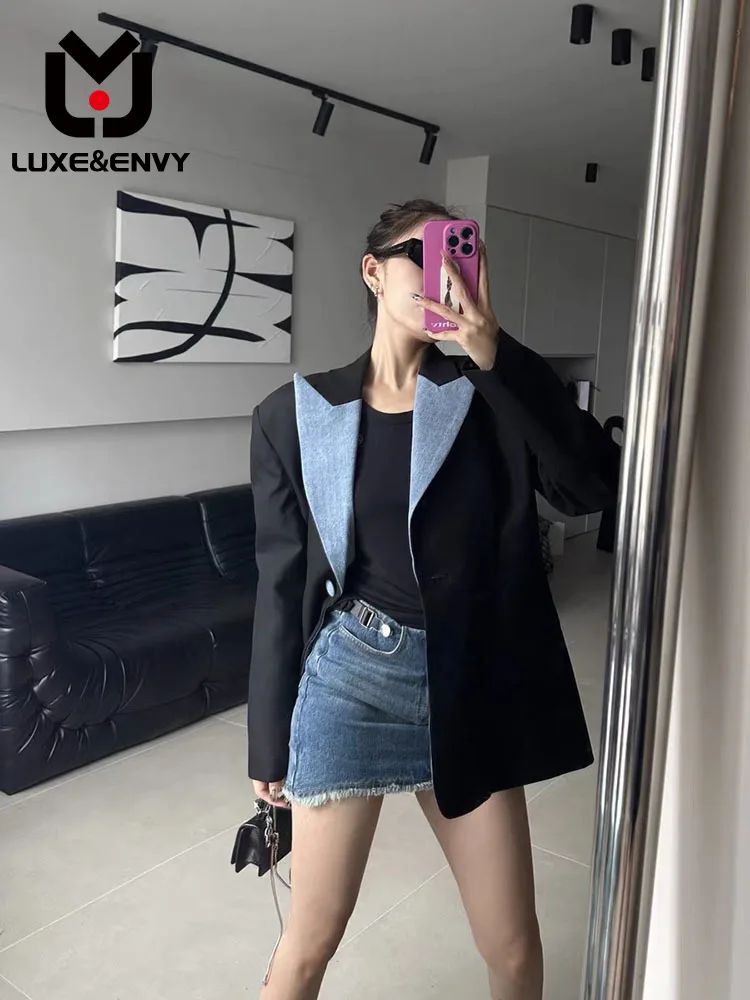 

LUXE&ENVY Denim Collar Panel Contrast Slim Fit Mid Length Suit Women's New Casual Suit 2023 Autumn