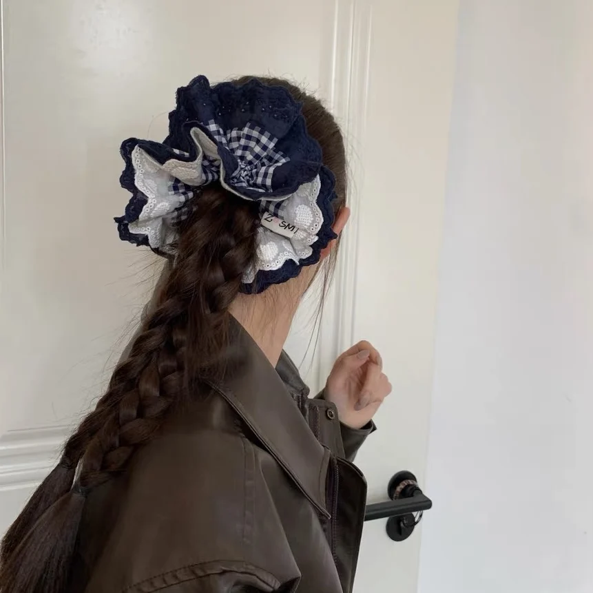 1PC Large Navy Blue Plaid Hair Scrunchie With Lace Trim, Chic Ruffled Hair Tie, Stylish Hair Accessory For Women