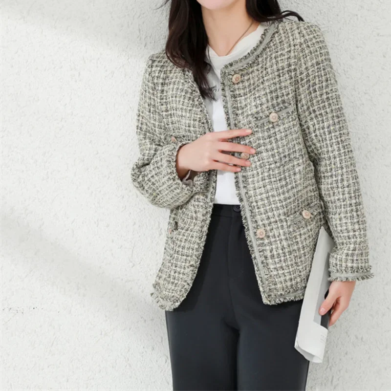 Tweed Plaid Office Lady Coat Women Autumn Basic Slim Korean Vintage Tassels Small Fragrance Casual Short Outside Jacket Winter