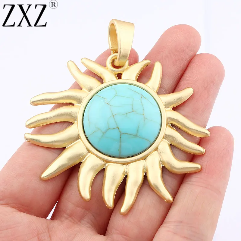 

ZXZ Matt Gold Large Sun Flower Faux Turquoise Stone Sunflower Charms Pendants for Necklace Jewelry Making Findings