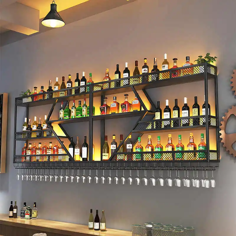 Wood Panel Wall-mounted Wine Rack Display Wrought Iron Wine Cabinet Metal Pine Hot Selling Solid Lighted for Bar & Restaurant