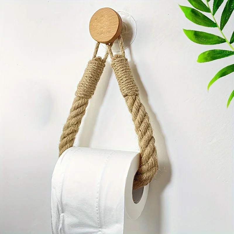 Hemp rope tissue holder, solid wood rope weaving, towel storage rack, creative wall-mounted toilet paper holder 2