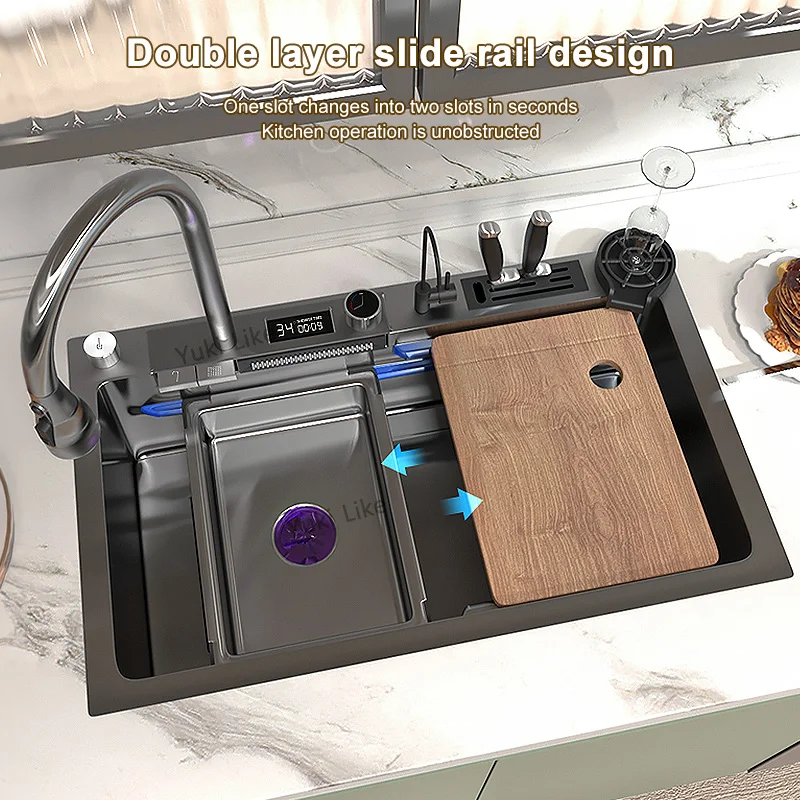 Stainless Steel Kitchen Waterfall Sink Digital Display Large Single Sink Dish Basin With Multifunction Touch Waterfall kitchen accessories,kitchen sink