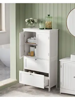 VASAGLE Mobile da bagno, 2 cassetti, 2 ante, indipendente, ripiano regolabile, 30 x 60 x 110 cm, grigio colomba 1