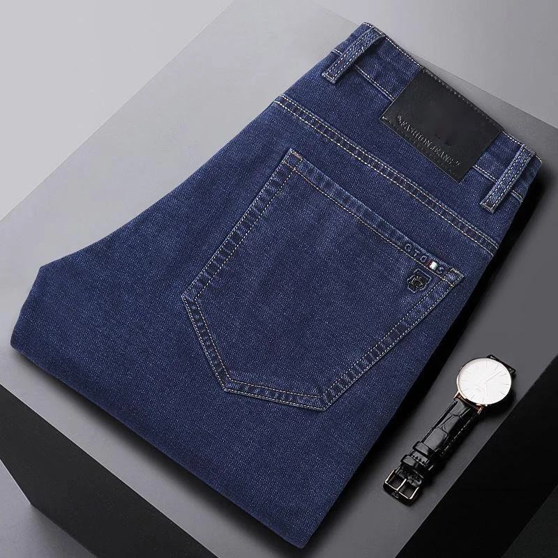 Autumn New Jeans Men's High Waist Elastic Loose Straight Casual Pants Anti Theft Buckle Back Bag_voghion.com