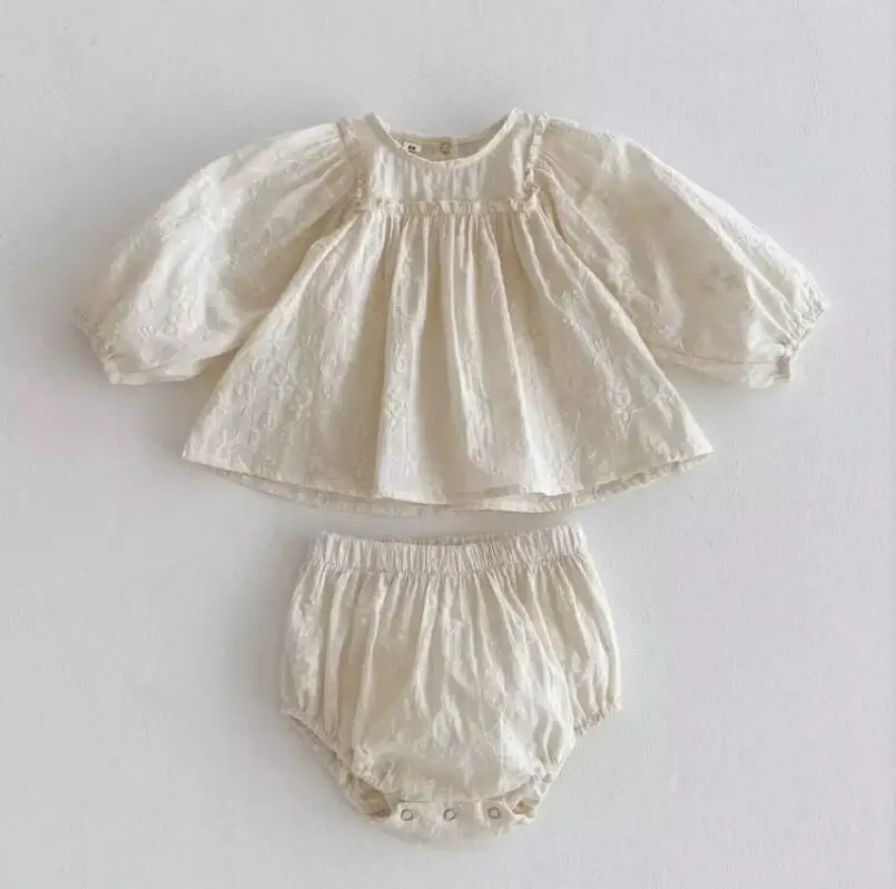 Baby Mädchen Spitze Stickerei Kleidung Sets Vintage Langarm Spitze Bluse + Bottom Shorts 2 stücke Outfits für Kleinkind Frühling anzüge – Detail 10