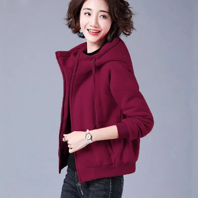 여성 기모 두꺼운 맨투맨 후드 상의, 집업 스포츠 가디건, 숏 재킷, 용수철 가을, 2024 신상