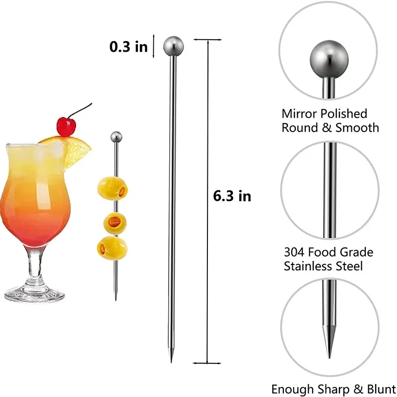 30 Stück Cocktailspieße aus Edelstahl, wiederverwendbare Martini-Olivenspieße, Getränkestäbchen für Oliven, Vorspeisen – Bar-Werkzeuge – Detail 2