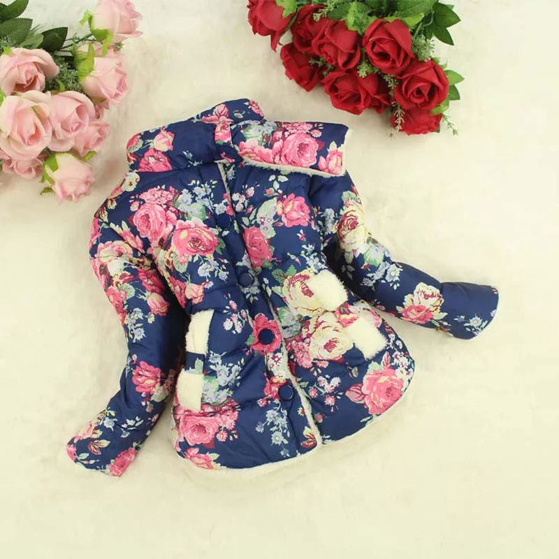 Girls winter coat warm and plush fashionable large flower coat 0-3