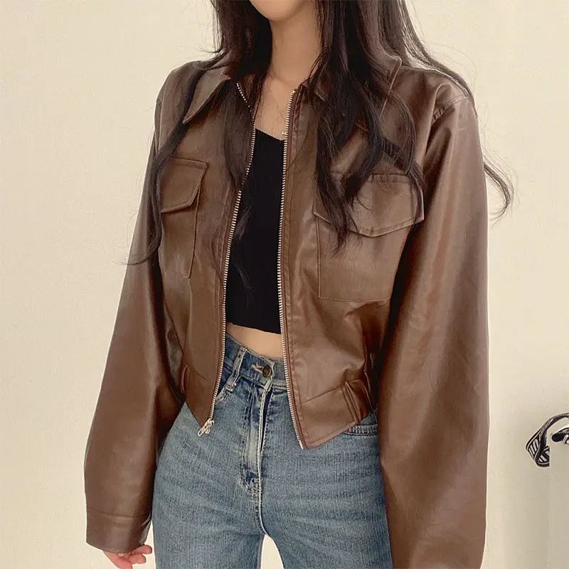 Cropped Women's Leather Jacket Spring Autumn 2024 New Fashion Cardigan Coat Tops Casual PU Leather Motorcycle Jackets mujer