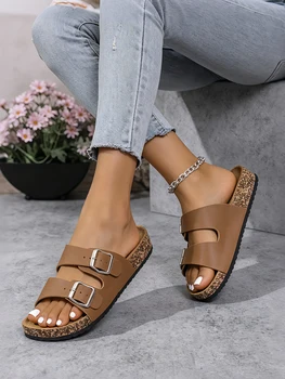 Women's Summer and Spring/Autumn Simple Pu Upper Double-Strap Solid Color Flat Slip-On Open-Toe Slide Sandals with Adjustable Buckle Beach Sandals 1