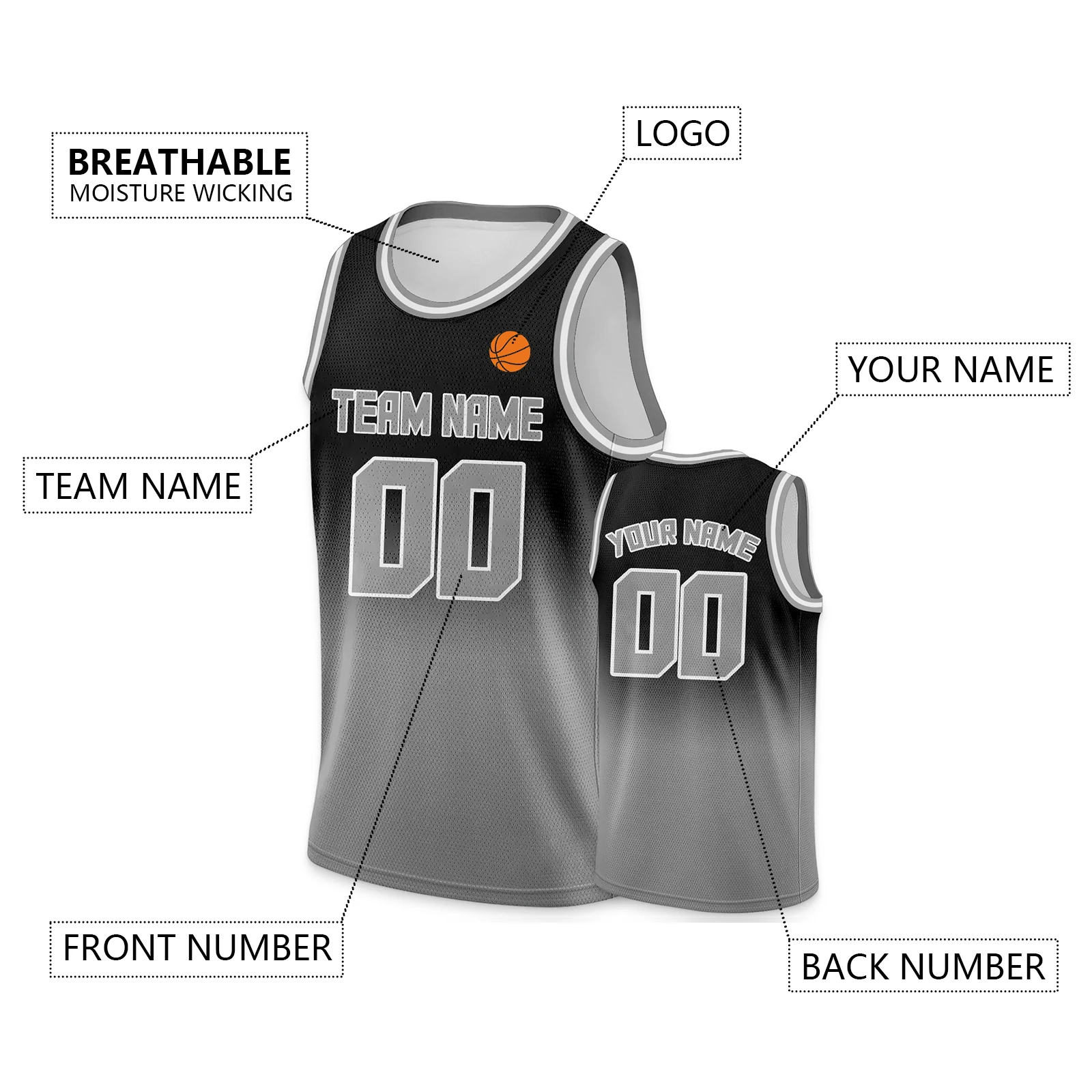 Gray Black Gradient Basketball Jersey Men Women Youth Kids Printed Team Name Number Personalized Basketball Uniform