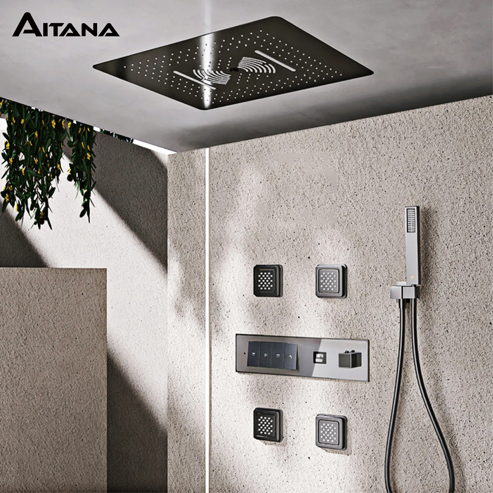 ระบบฝักบัวอาบน้ำทองเหลืองสีดำหรูหรา LED การออกแบบจอแสดงผลดิจิตอลฝักบัวติดผนังแบบร้อนและน้ำเย็นผสมในห้องน้ำ 1