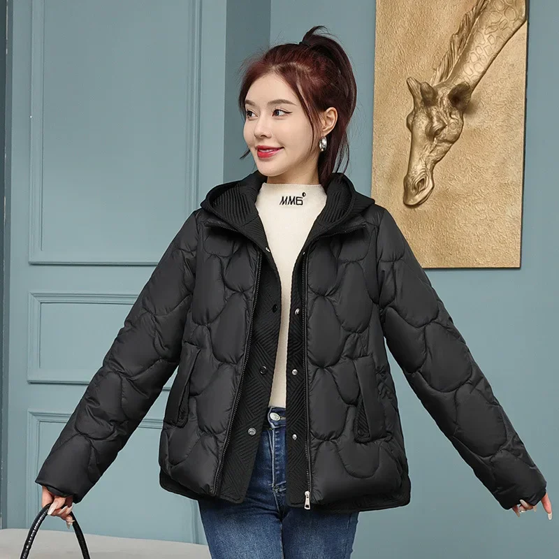 

Women Parke Winter Jacket New Splice Hooded Fake Two Piece Down Cotton Jacket Thicke Warm Short Cotton Coat Female Snow Outwear