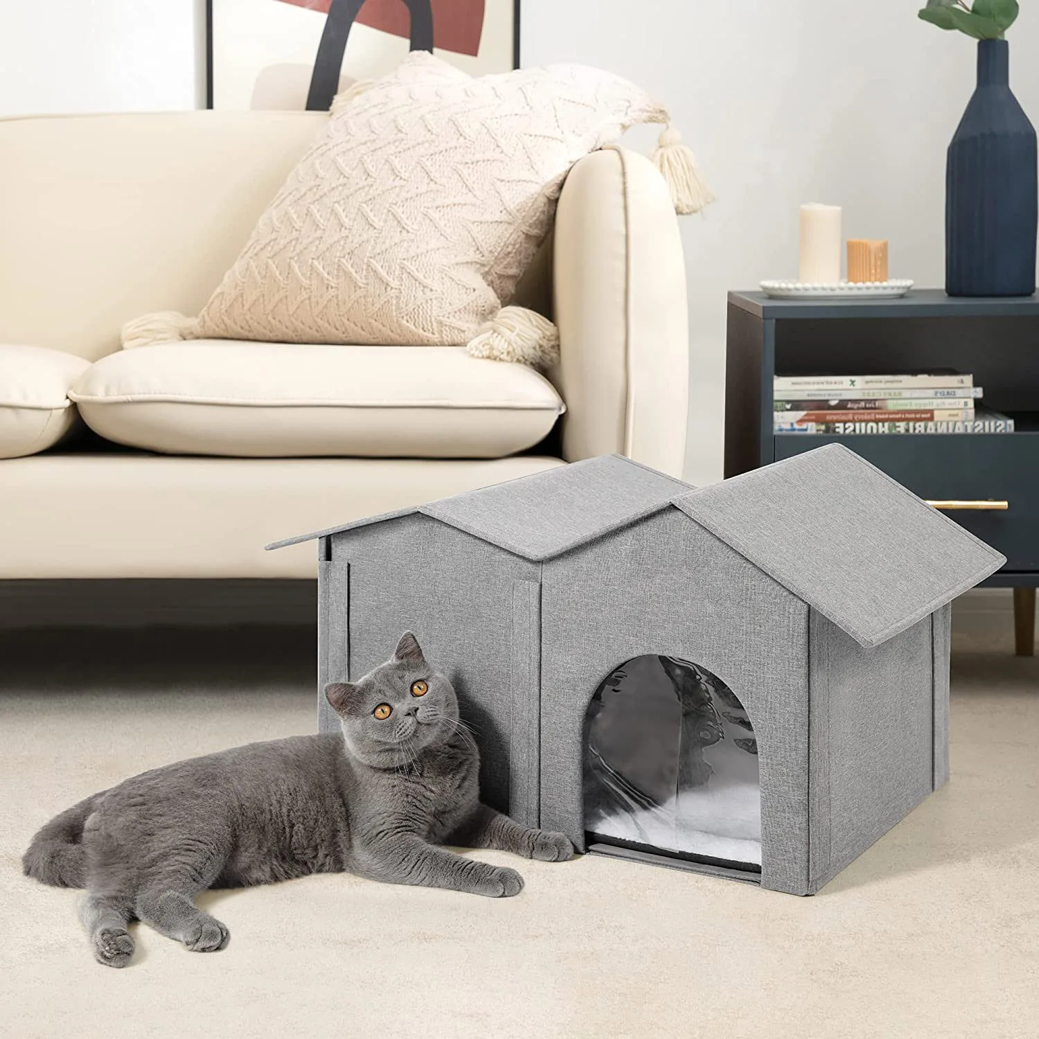 

Cat House Folding Double Door Two Open Rooms Pet Room Puppy House Winter Sealed Cat Nest Beds House Pet Supplies