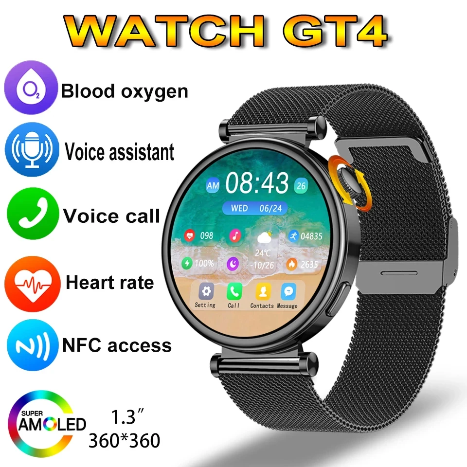 

Женские Смарт-часы GT4, женские Смарт-часы с экраном 1,3 дюйма AMOLED, стандартный компас, часы с BT звонком, водонепроницаемые женские Смарт-часы для Huawei, новинка 2024