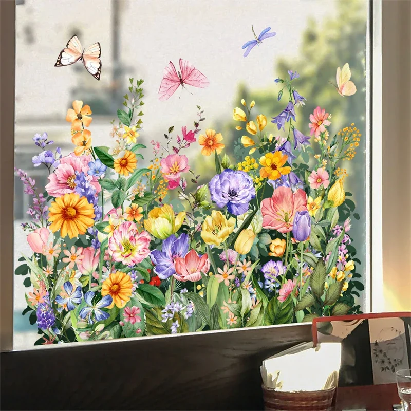 Window Stickers 1PC Butterfly Flowers Electrostatic Double-sided Window Glass Decal Plant Floral Wall Stickers