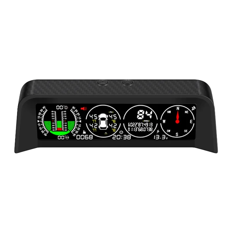 7-in-1 Advanced TPMS With 4 External Sensors – Tire Pressure, Temperature, Slope Meter, HUD Display