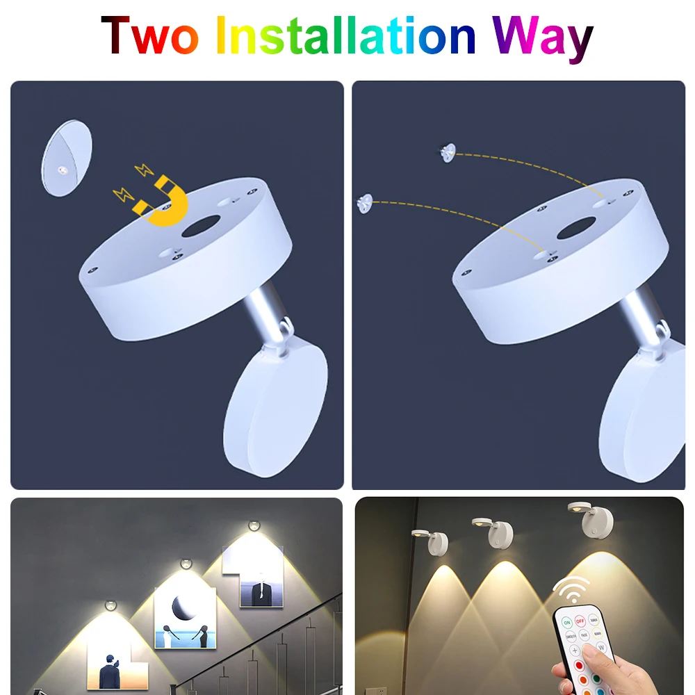 Wireless RGB Remote Spotlight Rechargeable Accent Lights LED Puck Lights Dimmable Timer Wall Lamp Uplight Angle Artwork Lighting 5