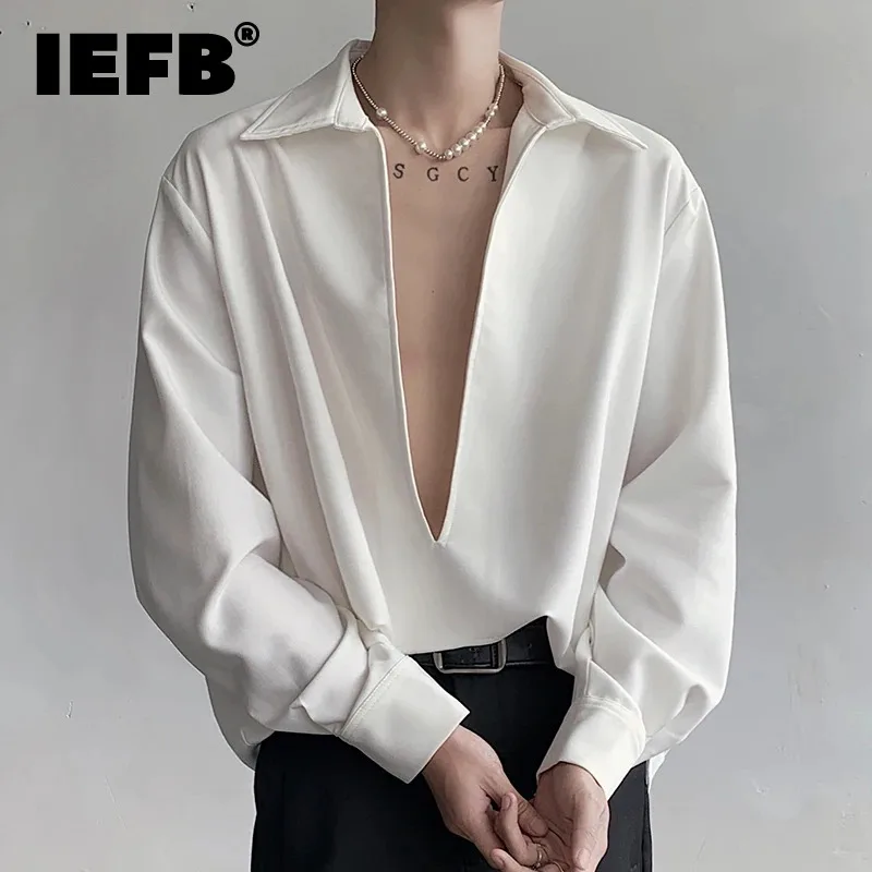 

Мужская рубашка с V-образным вырезом IEFB, корейская мода, с наплечниками, с длинным рукавом, с отложным воротником, однотонная Весенняя новинка, 9C4102