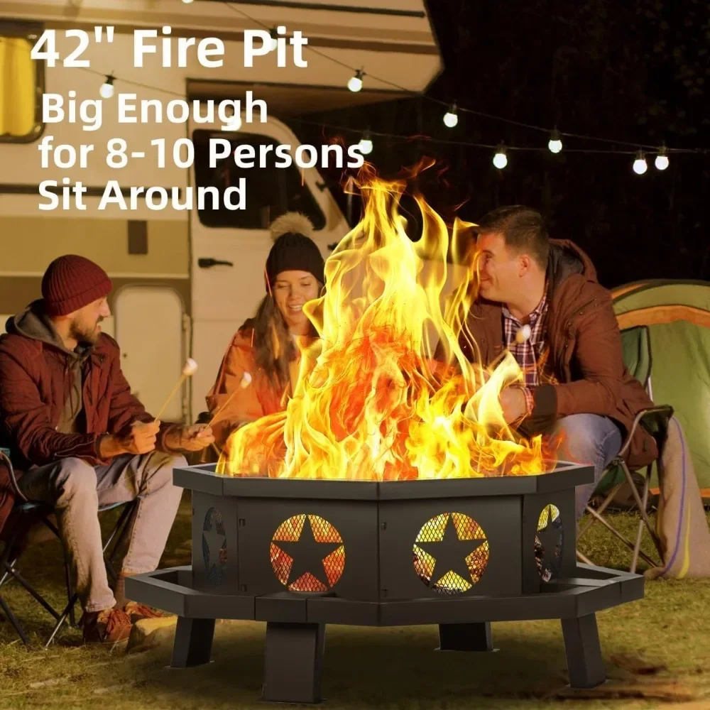 42 inch Fire Pit for Outside, Heavy Duty Wood Burning Fire Pits with Poker, Outdoor Octagonal Firepit for Camping, Yard, Pa