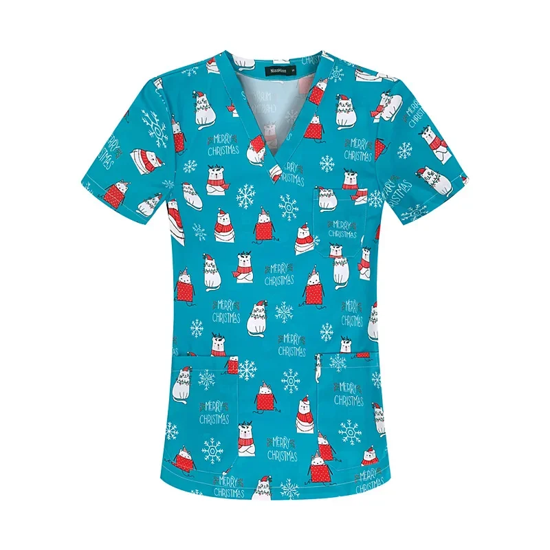 Stretch nurse uniform dental clinic V-neck surgical gown Christmas pet hospital work clothes women's short-sleeved tops