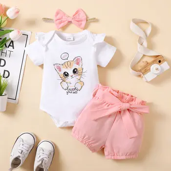 3PCS Newborn Baby Girl Clothes Set Short Sleeve Cute Kitten Bodysuit +Shorts+Headband Summer Outfit for Toddler Girl 0-18 Months 1