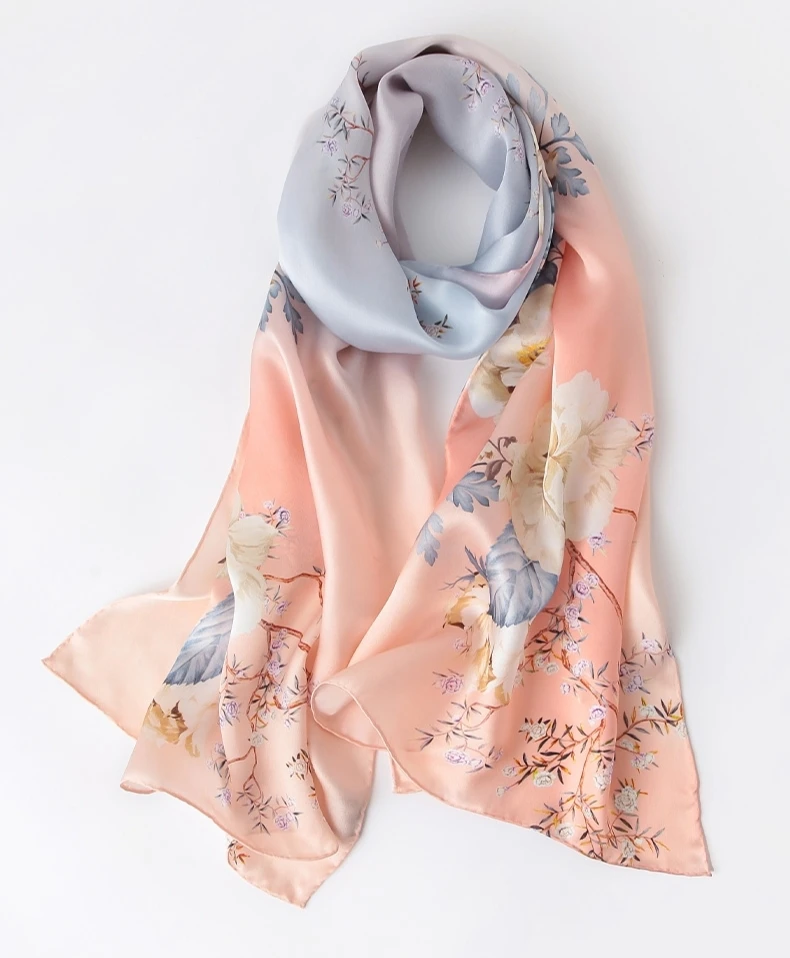 

[BYSIFA] Grey Pink 100% Pure Silk Scarf Shawl Spring Women Elegant Flora Long Scarves Echarpes Fashion New Luxury Winter Scarves