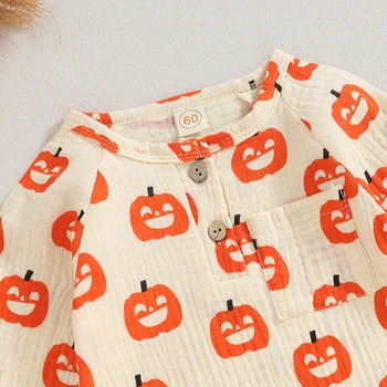 Baby Jumpsuit Long Sleeve Crew Neck Pumpkin Bat Print Newborn Romper Halloween Baby Clothes for Girls Boys 6