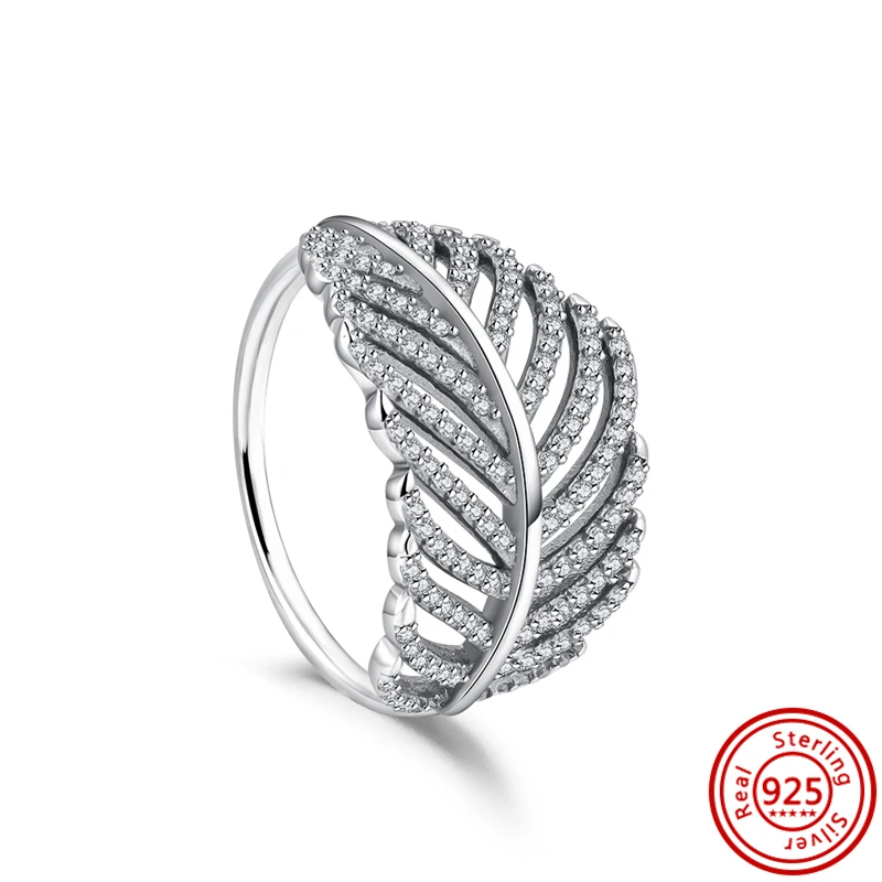 New 925 Sterling Silver Original Ring Pavé Clear Zircon Feather Flower Crown Heart Sparkling Lucky Wedding Rings Pantaro Jewelry 3