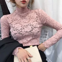 Chemise à manches pétales en dentelle florale extensible pour femmes, t-shirt à manches longues S-3XL pour dames, chemisier en Perspective, hauts Sexy en dentelle, vêtements 6