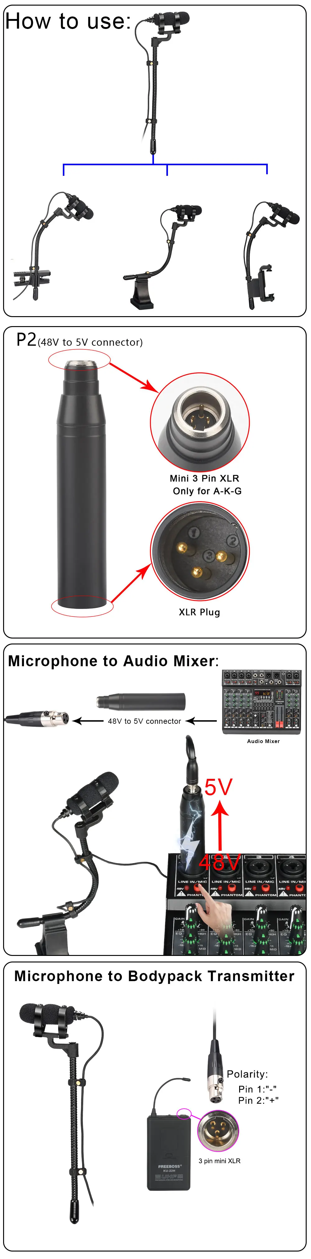 FREEBOSS 3 Pin Mini Violin Microphone with Clip Portable Hypercardioid Condencer Music Instrument Teaching Wired Mic IM-22-L5