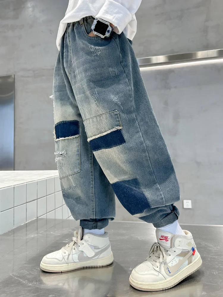 Boys Jeans Spring Autumn Personalized Fashion Patch Denim Pants Kids Clothes