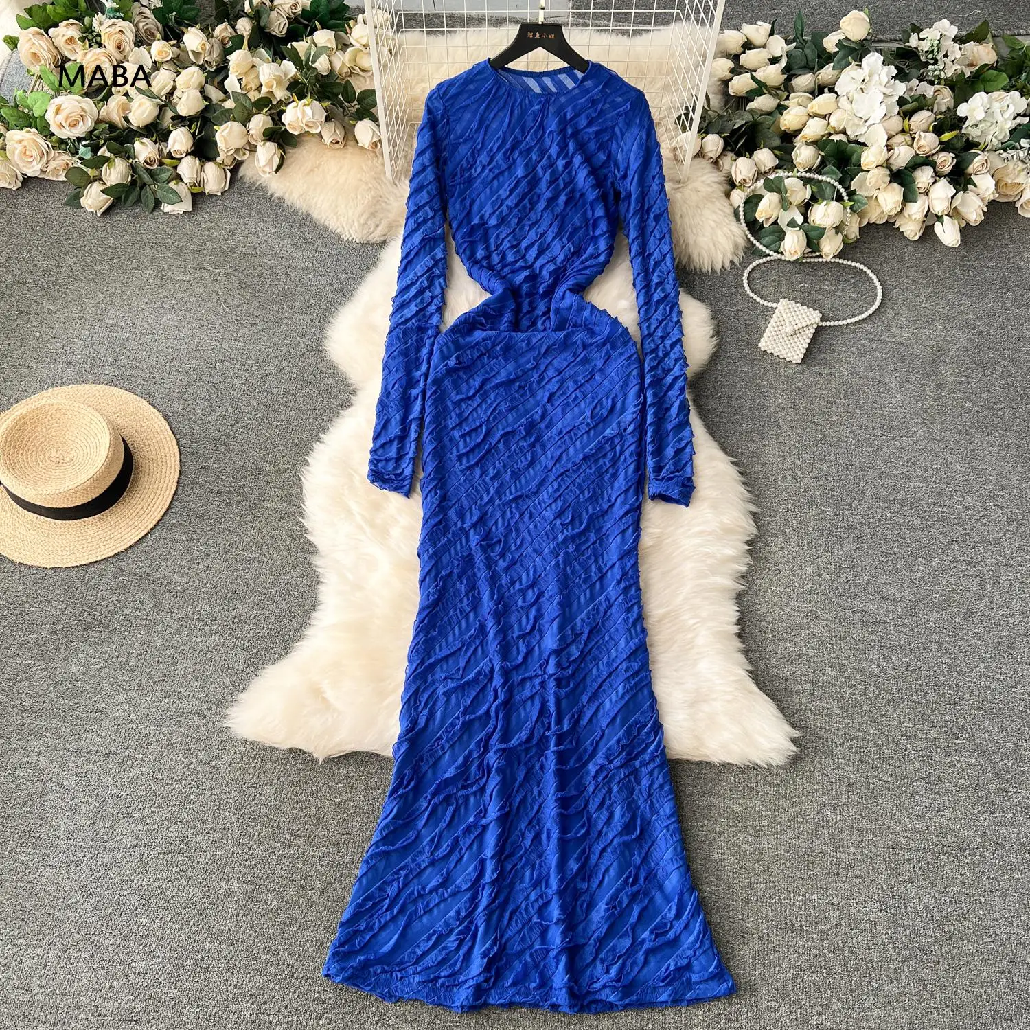 

Party Evening Dress Women Spring Autumn New O-neck Long Sleeved Slim Ruffles Elegant Temperament Mermaid Floor-length Dress 2024