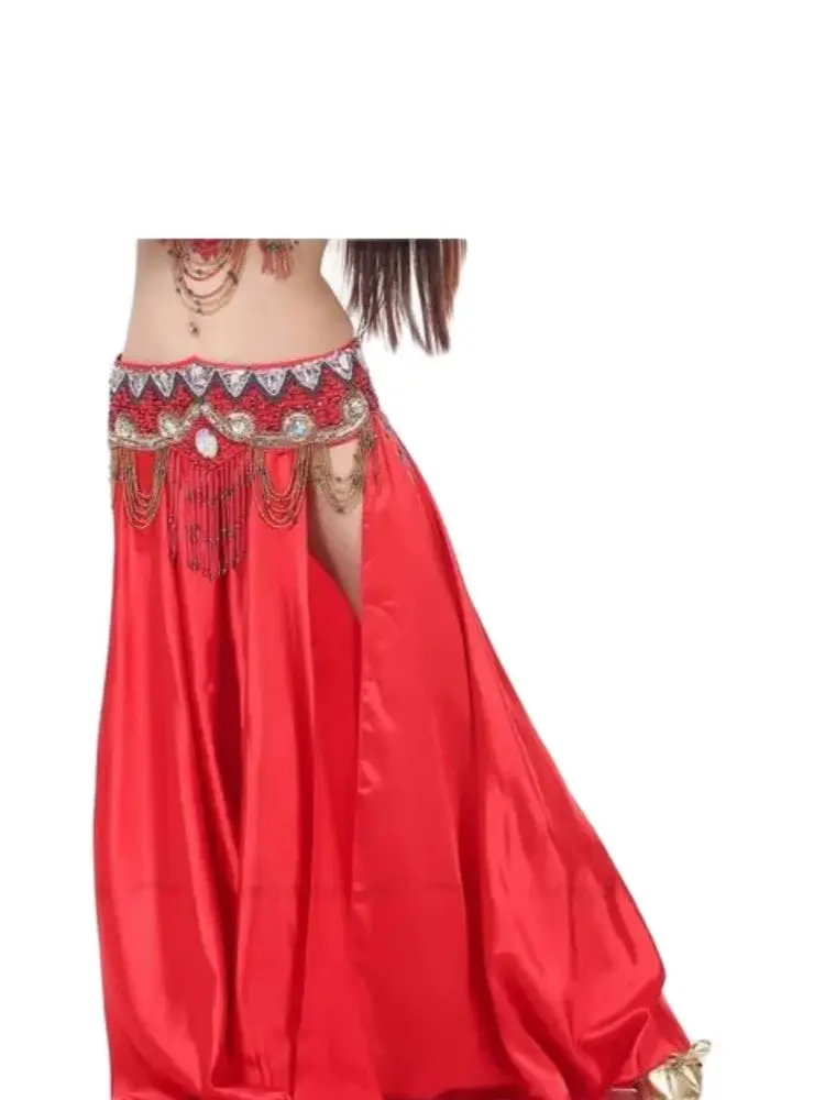 

1pcs/lot Sexy Belly Dance Costume Double Split Skirt solid long stage skirt satin belly dancing skirt (no belt)